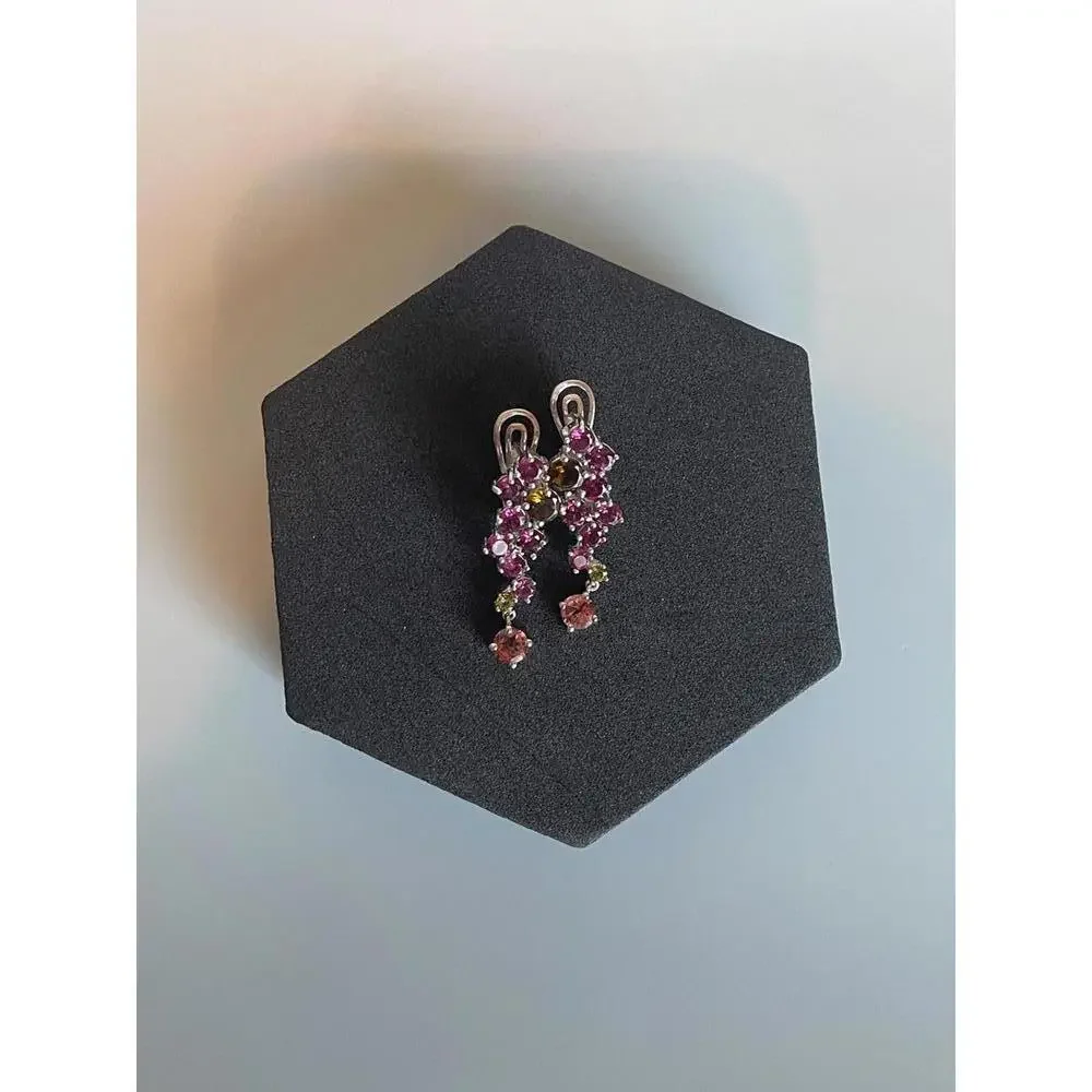 SOLD 925 Sterling Silver Earrings Round Tourmaline Rhodolite Garnet Gemstone - Picture 3 of 8